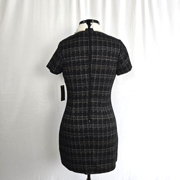 City Triangles Tweed Dress Women's L Black Gold Geo Faux Pearl Collar Mini NWT - Picture 2 of 14